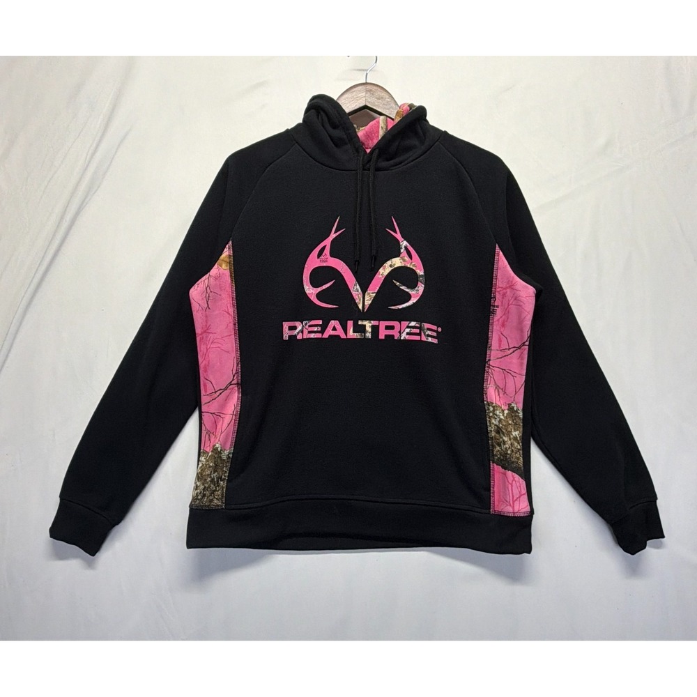 Realtree Hoodie Womens Large Black Pink Antler Logo Fleece Lined Ribbed Trim